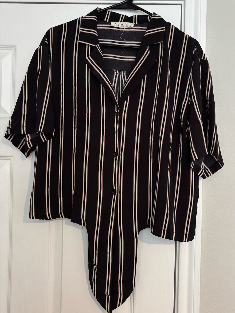 Vine & Love Black Button-Down Top with Cream Vertical Stripes